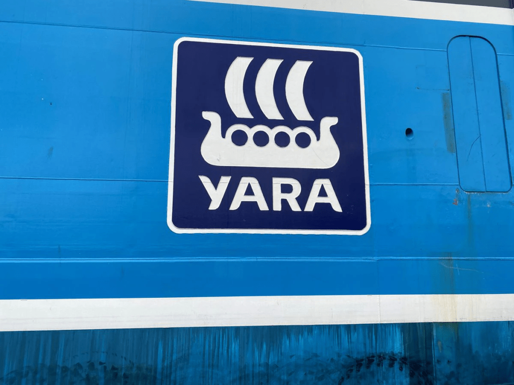 The Yara International company logo is seen on Yara Birkeland, the world's first fully electric and autonomous container vessel, in Oslo, Norway. REUTERS