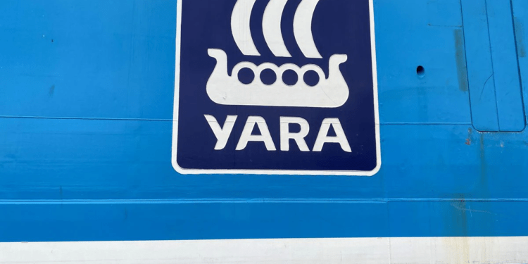 The Yara International company logo is seen on Yara Birkeland, the world's first fully electric and autonomous container vessel, in Oslo, Norway. REUTERS